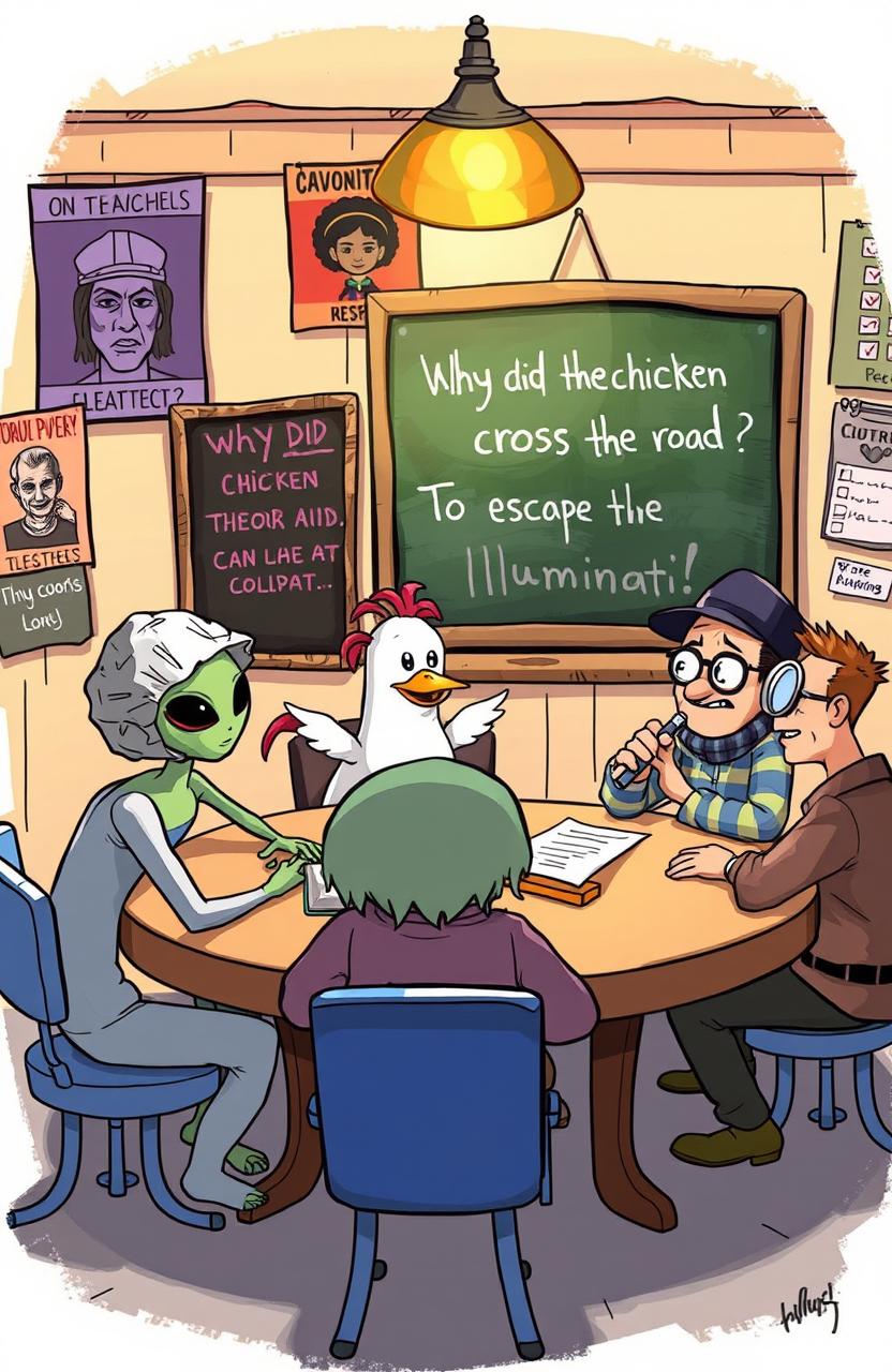 A whimsical illustration depicting a group of quirky characters gathered around a table, engaging in a lighthearted discussion of conspiracy theory jokes and riddles