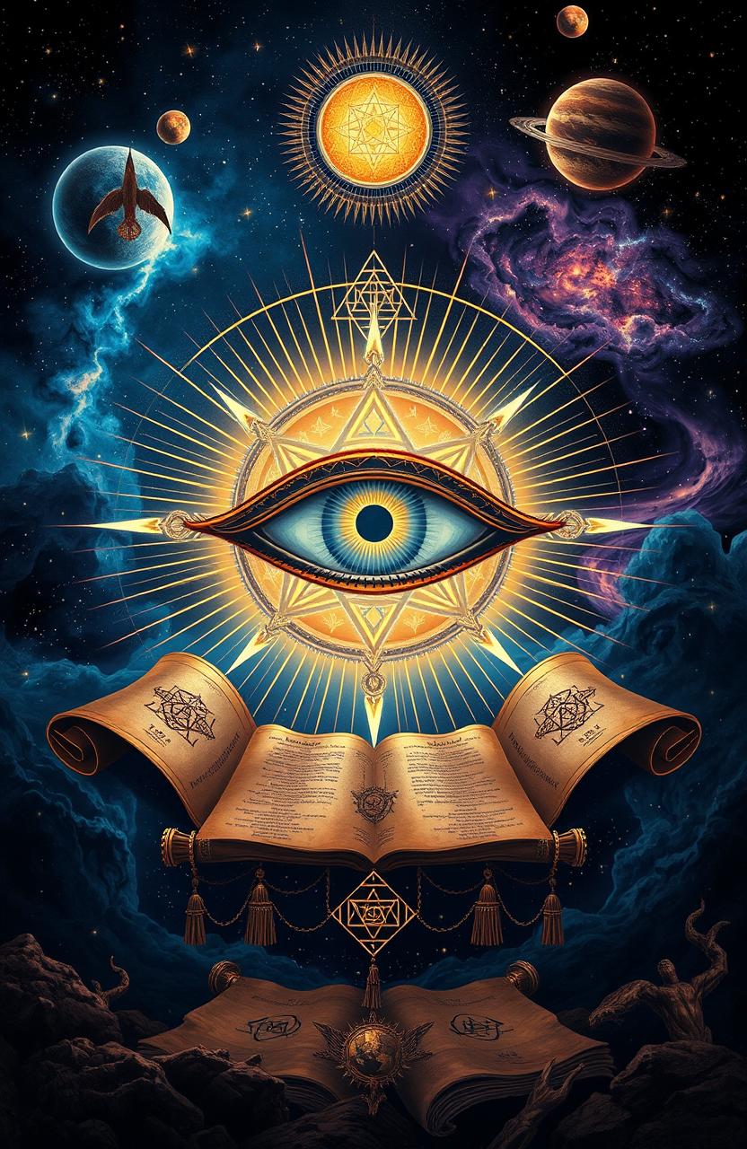 An artistic interpretation of the All-Seeing Eye, prominently featured at the center of a mystical and intriguing composition