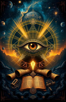 An artistic interpretation of the All-Seeing Eye, prominently featured at the center of a mystical and intriguing composition
