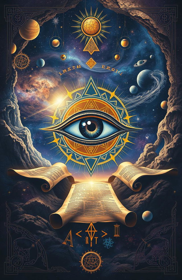 An artistic interpretation of the All-Seeing Eye, prominently featured at the center of a mystical and intriguing composition