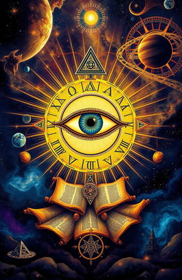 An artistic interpretation of the All-Seeing Eye, prominently featured at the center of a mystical and intriguing composition