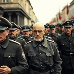 A vintage-style photograph depicting a parade of German soldiers during World War II, captured in an authentic historical manner