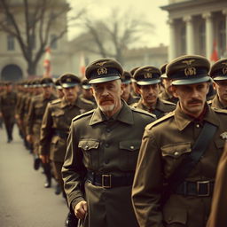 A vintage-style photograph depicting a parade of German soldiers during World War II, captured in an authentic historical manner