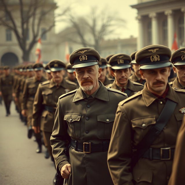 A vintage-style photograph depicting a parade of German soldiers during World War II, captured in an authentic historical manner