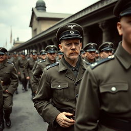 A vintage-style photograph depicting a parade of German soldiers during World War II, captured in an authentic historical manner