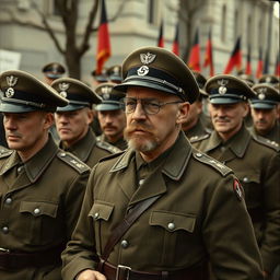 A vintage-style photograph depicting a parade of German soldiers during World War II, captured in an authentic historical manner