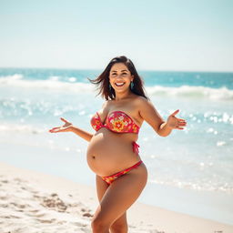 Yami Gautam radiating confidence in a fashionable bikini, showcasing her big belly with pride on a sunny beach