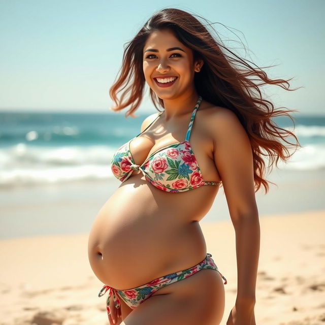 Yami Gautam radiating confidence in a fashionable bikini, showcasing her big belly with pride on a sunny beach