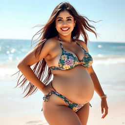 Yami Gautam radiating confidence in a fashionable bikini, showcasing her big belly with pride on a sunny beach