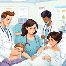 A detailed and informative illustration showing medical staff attending to various illnesses