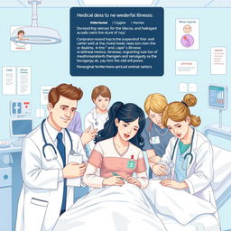 A detailed and informative illustration showing medical staff attending to various illnesses