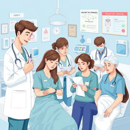 A detailed and informative illustration showing medical staff attending to various illnesses