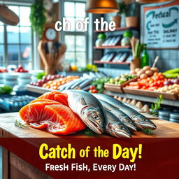 A vibrant advertisement poster for a fish market