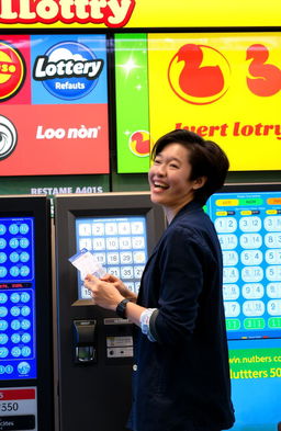 A person standing in front of a lottery kiosk, excitedly choosing numbers on a digital ticket machine