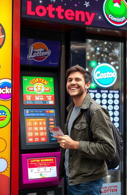 A person standing in front of a lottery kiosk, excitedly choosing numbers on a digital ticket machine