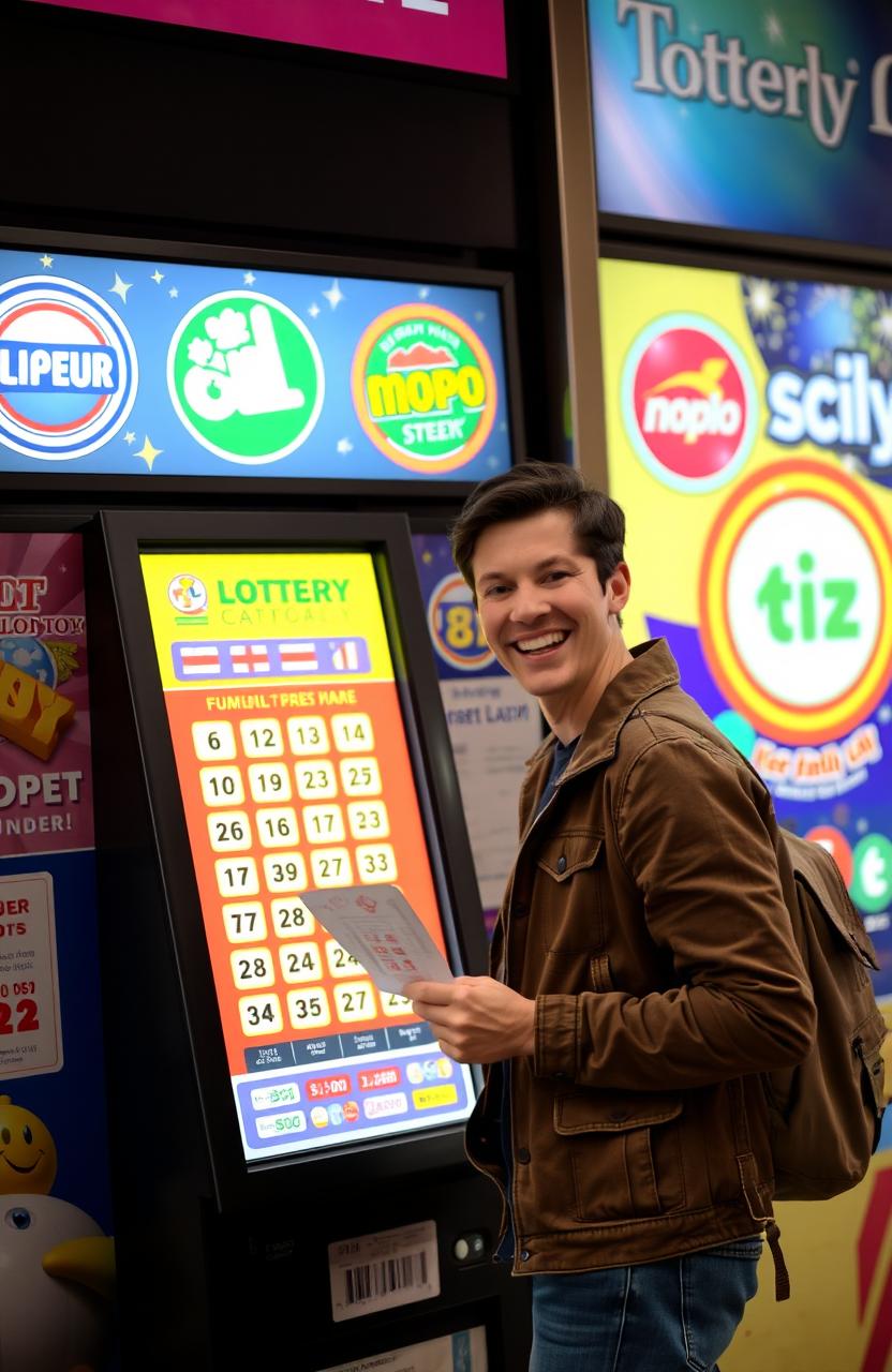 A person standing in front of a lottery kiosk, excitedly choosing numbers on a digital ticket machine