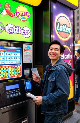 A person standing in front of a lottery kiosk, excitedly choosing numbers on a digital ticket machine