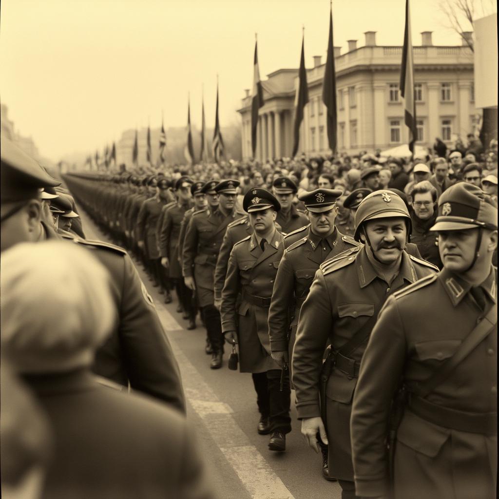 A vintage black-and-white photograph capturing a parade of German soldiers during World War II, presenting an authentic historical feel