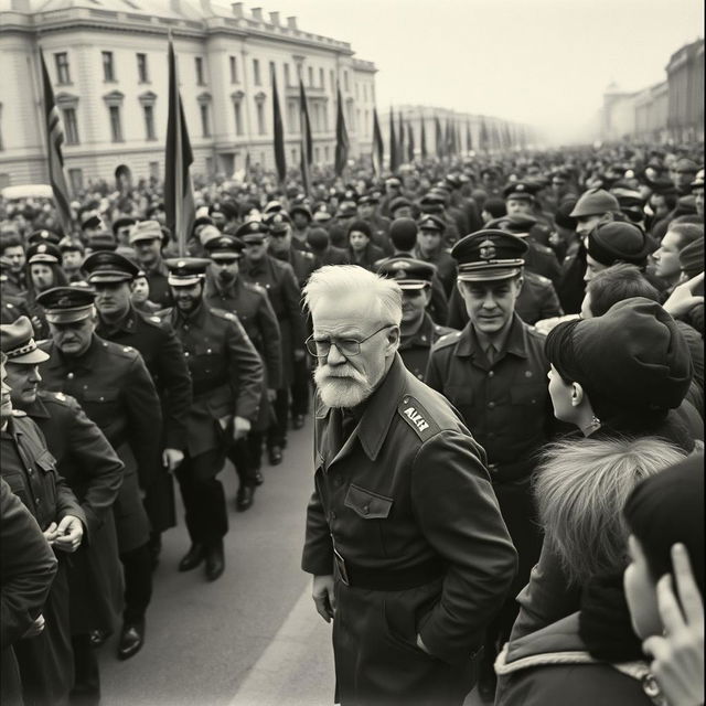 A vintage black-and-white photograph capturing a parade of German soldiers during World War II, presenting an authentic historical feel