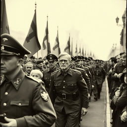 A vintage black-and-white photograph capturing a parade of German soldiers during World War II, presenting an authentic historical feel