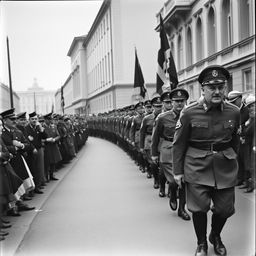 A vintage black-and-white photograph capturing a parade of German soldiers during World War II, presenting an authentic historical feel