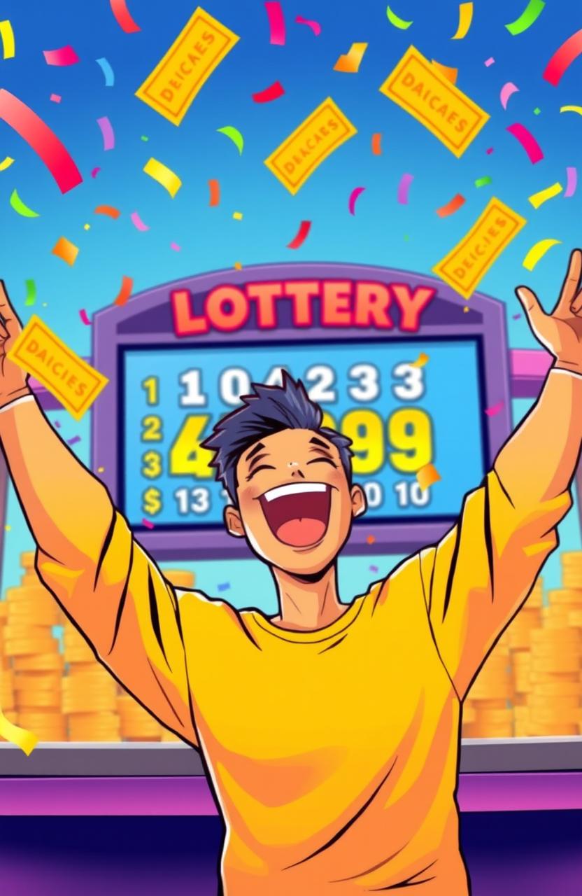 A vibrant illustration of a person in a joyful, celebratory pose after winning the lottery