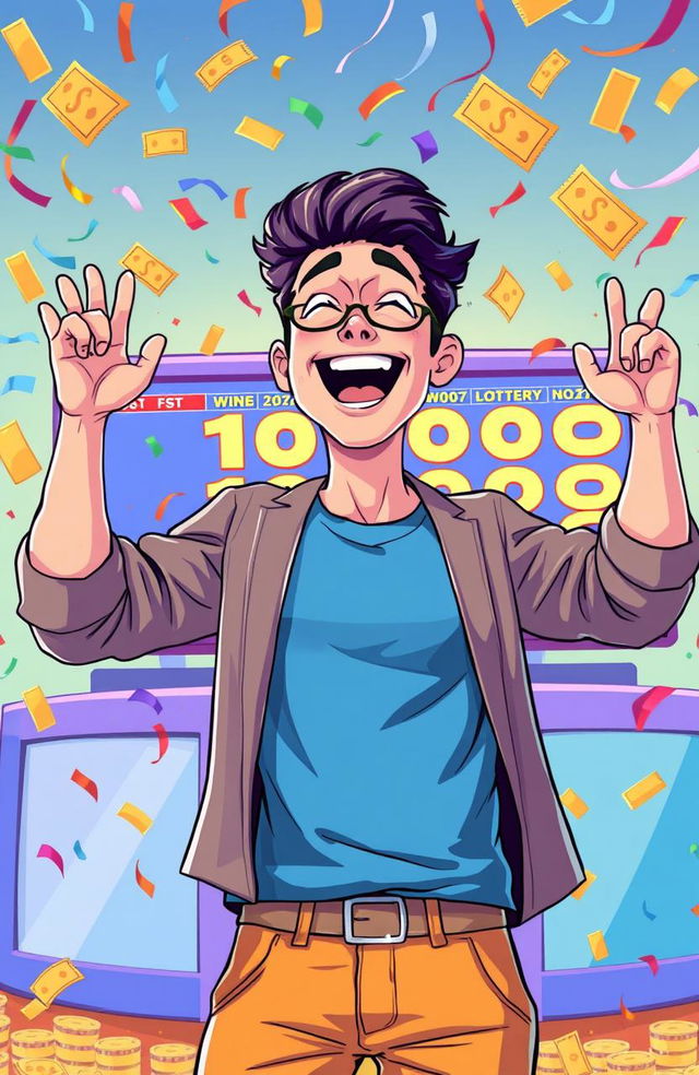 A vibrant illustration of a person in a joyful, celebratory pose after winning the lottery