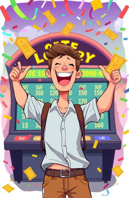 A vibrant illustration of a person in a joyful, celebratory pose after winning the lottery