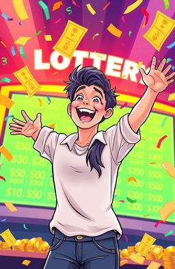 A vibrant illustration of a person in a joyful, celebratory pose after winning the lottery