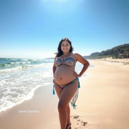 Yami Gautam confidently showcasing her big belly in a stylish bikini, standing on a picturesque beach under the warm sun