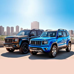 A vibrant scene showcasing two Scorpio S11 SUVs parked side by side, highlighting their distinct, muscular design and bold features