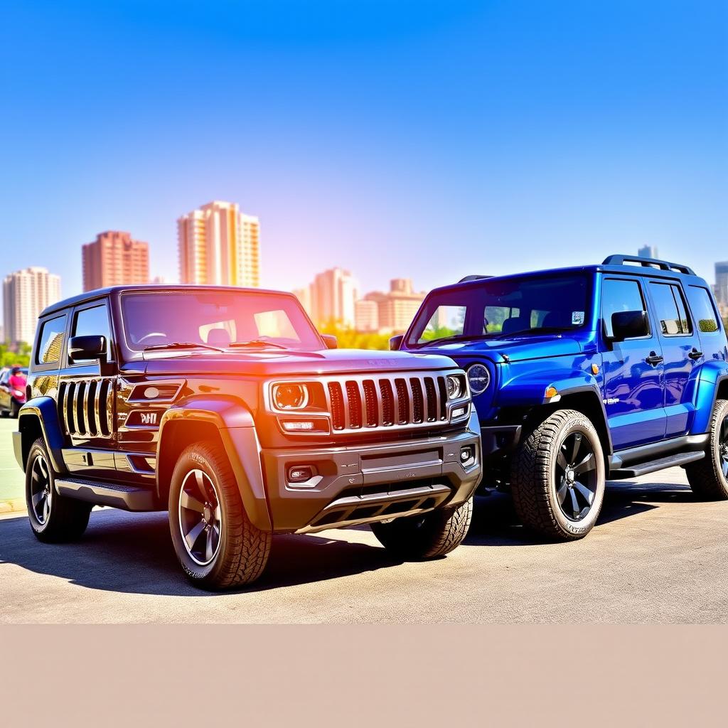 A vibrant scene showcasing two Scorpio S11 SUVs parked side by side, highlighting their distinct, muscular design and bold features