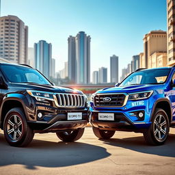 A vibrant scene showcasing two Scorpio S11 SUVs parked side by side, highlighting their distinct, muscular design and bold features