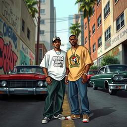 A realistic depiction of Carl Johnson (CJ) and Sweet, characters from the game Grand Theft Auto: San Andreas, standing together in a street neighborhood reminiscent of the game