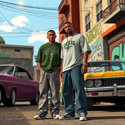 A realistic depiction of Carl Johnson (CJ) and Sweet, characters from the game Grand Theft Auto: San Andreas, standing together in a street neighborhood reminiscent of the game