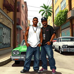 A realistic depiction of Carl Johnson (CJ) and Sweet, characters from the game Grand Theft Auto: San Andreas, standing together in a street neighborhood reminiscent of the game