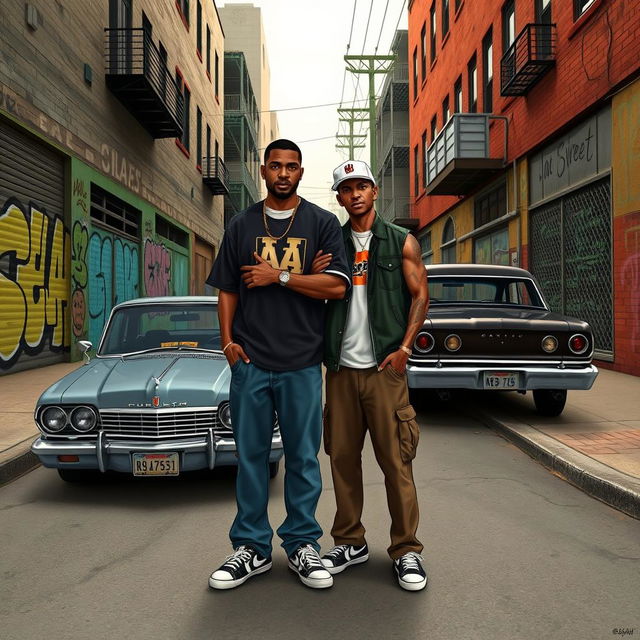 A realistic depiction of Carl Johnson (CJ) and Sweet, characters from the game Grand Theft Auto: San Andreas, standing together in a street neighborhood reminiscent of the game