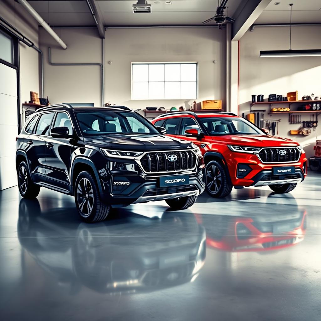A detailed image of two Scorpio S11 SUVs parked inside a modern garage