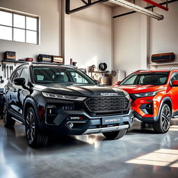 A detailed image of two Scorpio S11 SUVs parked inside a modern garage