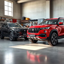 A detailed image of two Scorpio S11 SUVs parked inside a modern garage