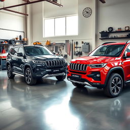 A detailed image of two Scorpio S11 SUVs parked inside a modern garage