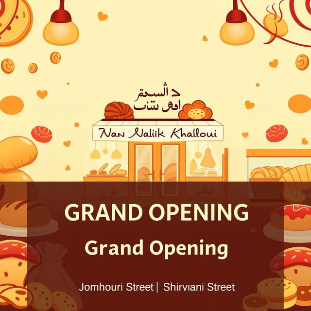 A vibrant and inviting banner for the grand opening of a bakery named 'Nan Malik Khaloui'