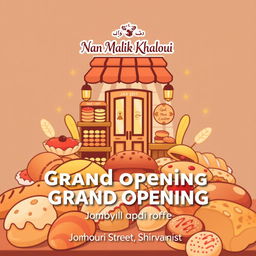 A vibrant and inviting banner for the grand opening of a bakery named 'Nan Malik Khaloui'