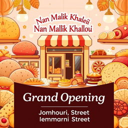 A vibrant and inviting banner for the grand opening of a bakery named 'Nan Malik Khaloui'