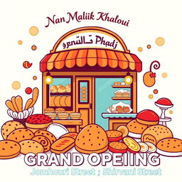 A vibrant and inviting banner for the grand opening of a bakery named 'Nan Malik Khaloui'