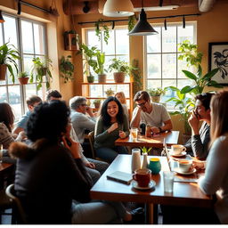 A lively cafe scene featuring a diverse group of friends enjoying their time together, laughing and talking over coffee