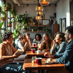 A lively cafe scene featuring a diverse group of friends enjoying their time together, laughing and talking over coffee