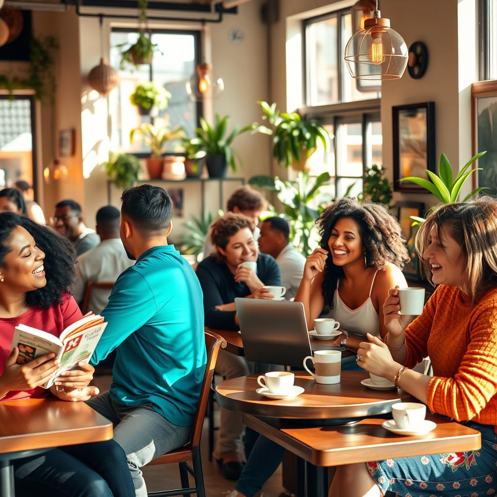 A lively cafe scene featuring a diverse group of friends enjoying their time together, laughing and talking over coffee