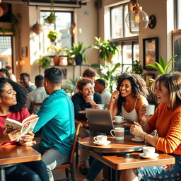 A lively cafe scene featuring a diverse group of friends enjoying their time together, laughing and talking over coffee