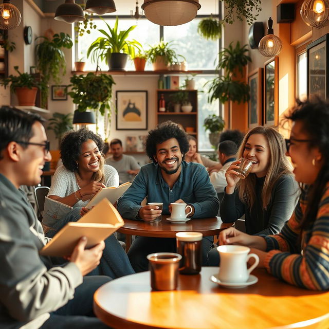 A lively cafe scene featuring a diverse group of friends enjoying their time together, laughing and talking over coffee